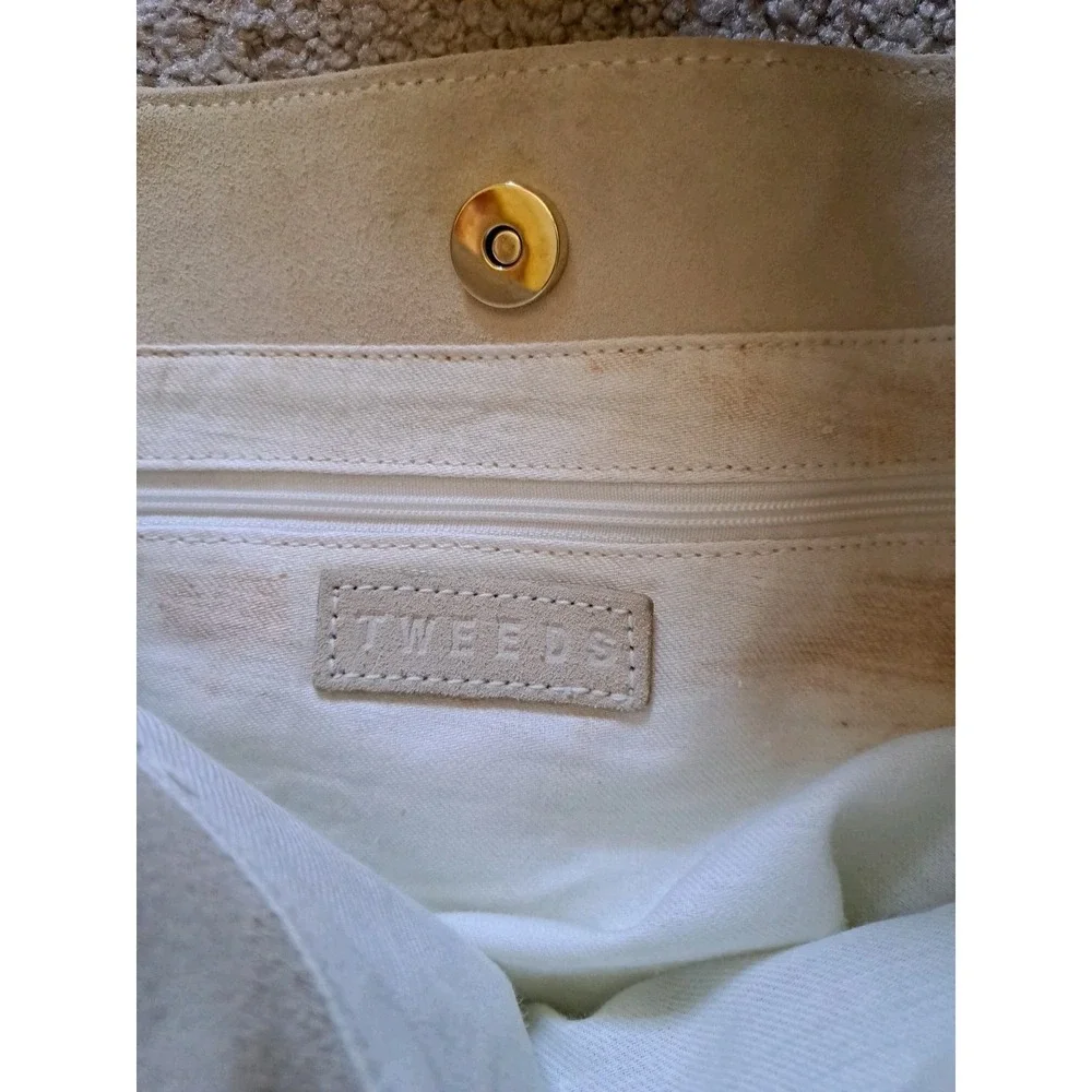 Tweeds Large Ivory Suede Leather Hobo Shoulder‎ Tote Bag Purse Vtg Cotton Lined